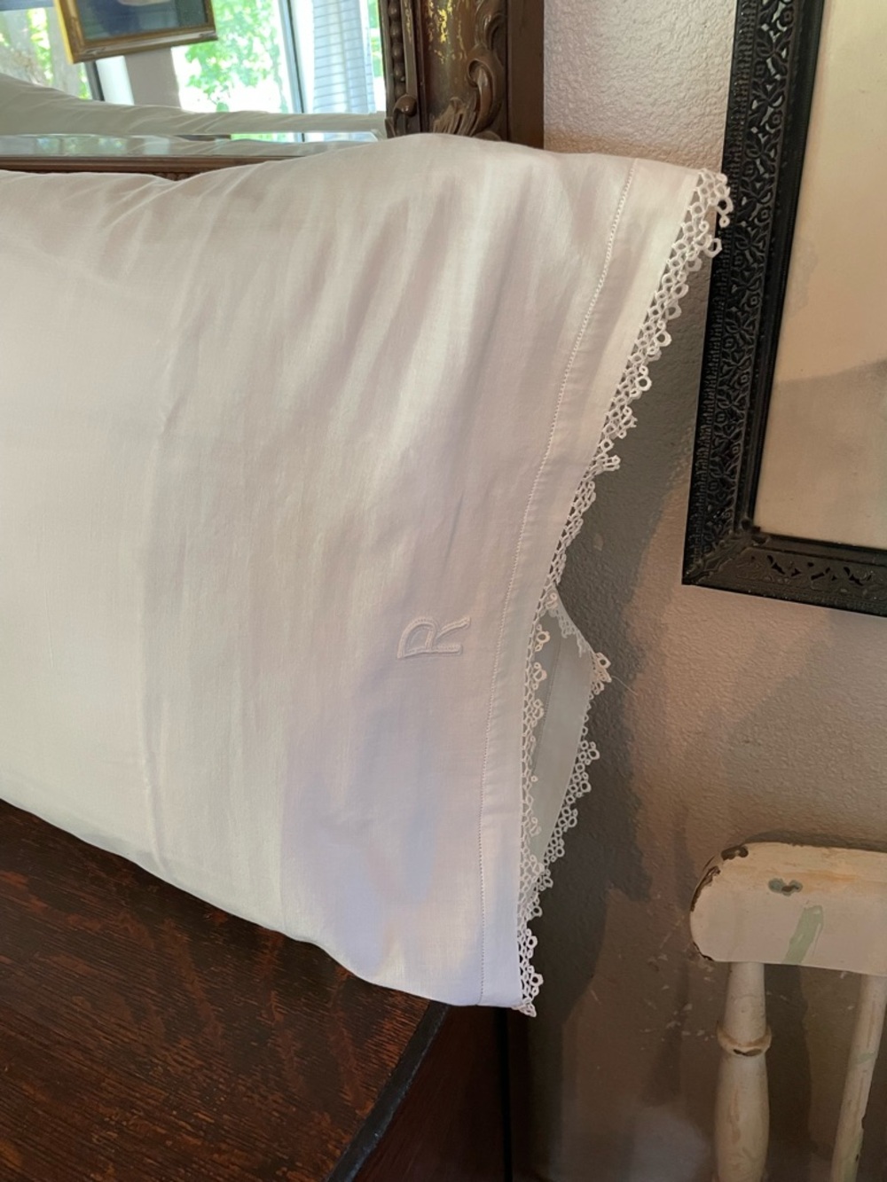 VINTAGE “R” Pillowcase Pair French Linens Embroidered White Delicate Lace Trim